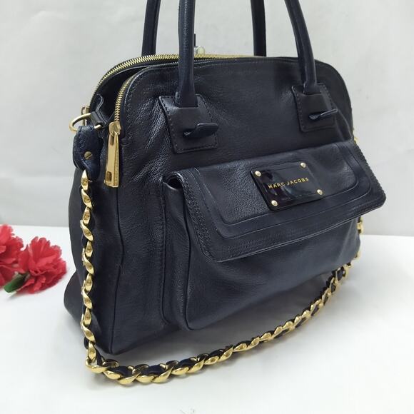 Marc Jacobs Black Leather Pocket Chain Strap Double Handle Satchel Shoulder Bag - Picture 2 of 16